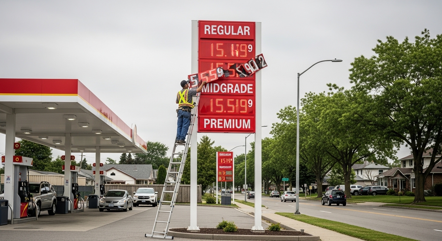 Worker changing gas station price sign