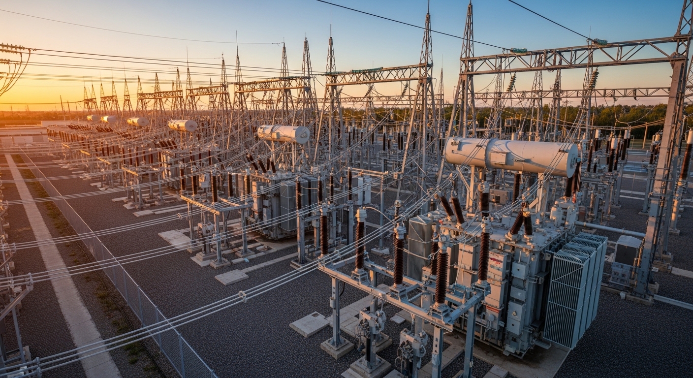 Overhead view of high-voltage electrical substation