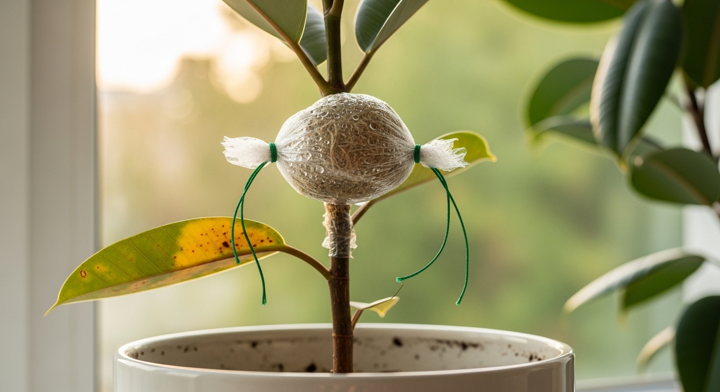 Ficus stem wrapped with sphagnum moss and plastic for air layering