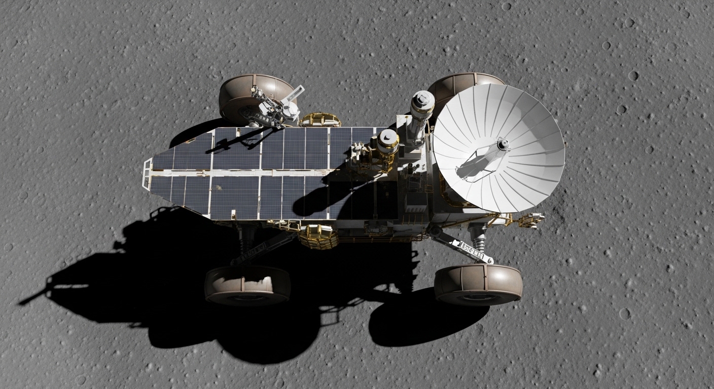 Overhead view of lunar rover showing solar panels and wheels