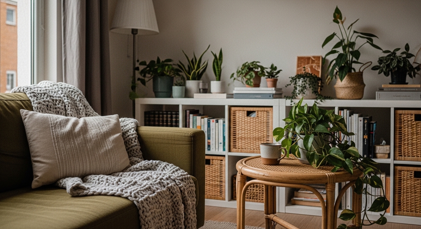 Olive green sofa corner with rattan side table and styled bookcase