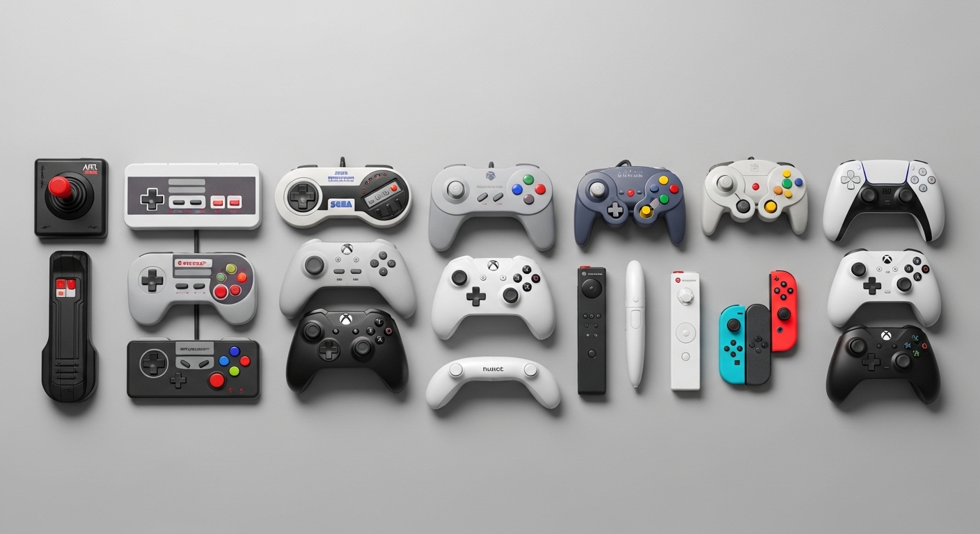 Overhead flat lay of gaming controllers across multiple generations