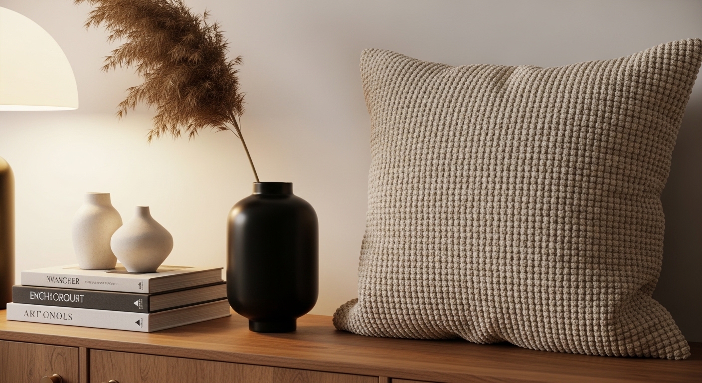 Close-up vignette of boucle pillow, dried grass, and ceramic decor on sideboard