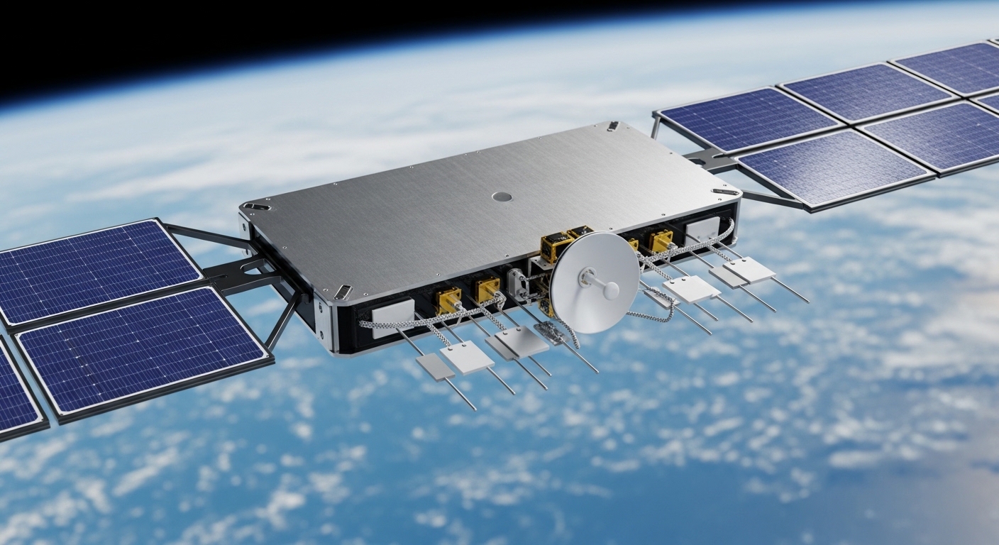 Close-up of a flat LEO communications satellite in orbit
