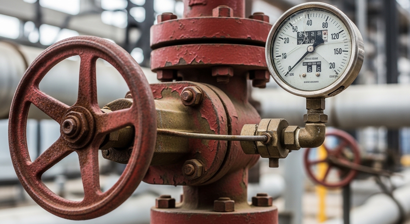 Close-up of oil pipeline valve and pressure gauge