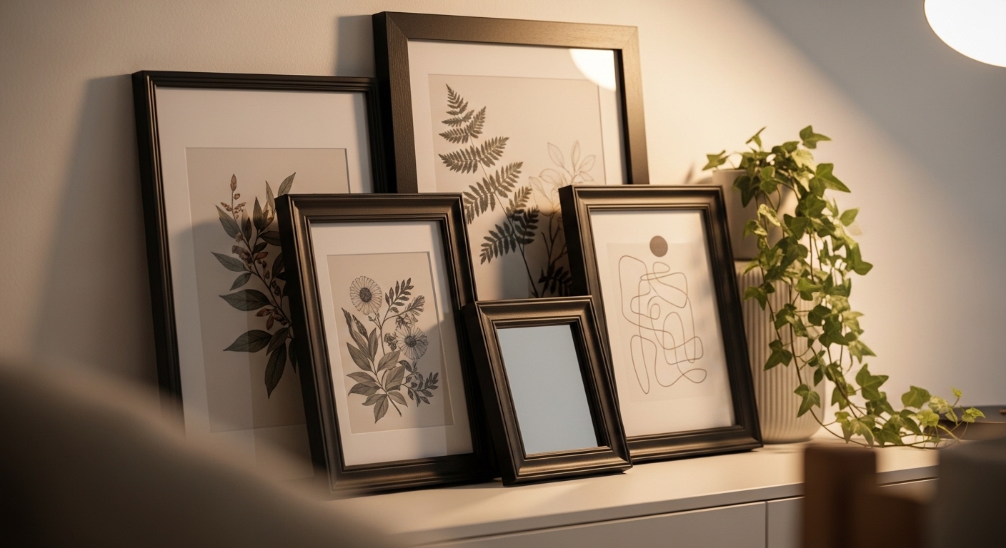 DIY gallery wall with black frames and botanical prints on credenza