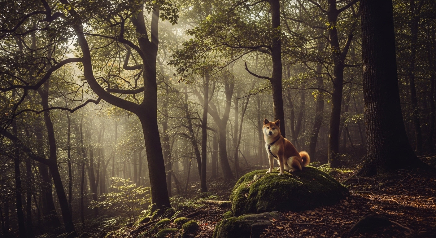 Shiba Inu in misty Japanese mountain forest, vintage tone