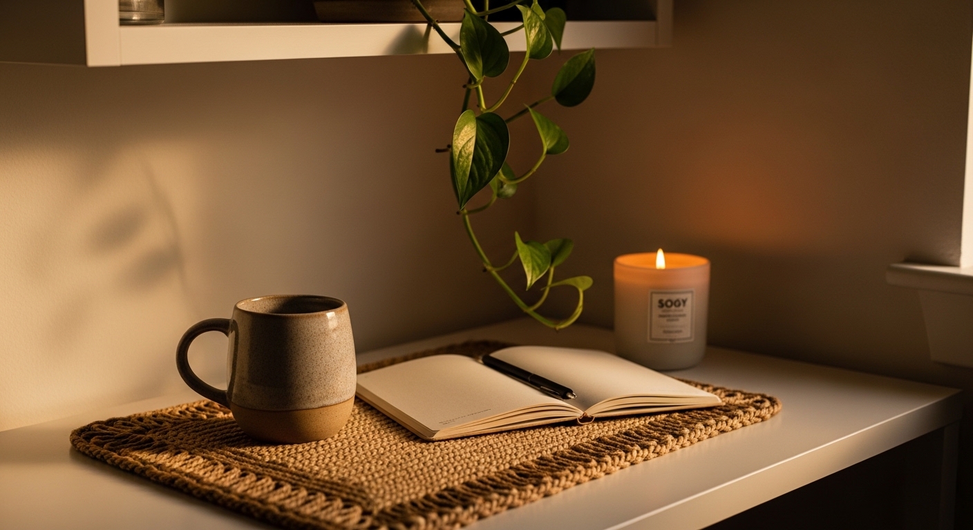 Close-up of woven desk mat, candle, and trailing plant on corner desk