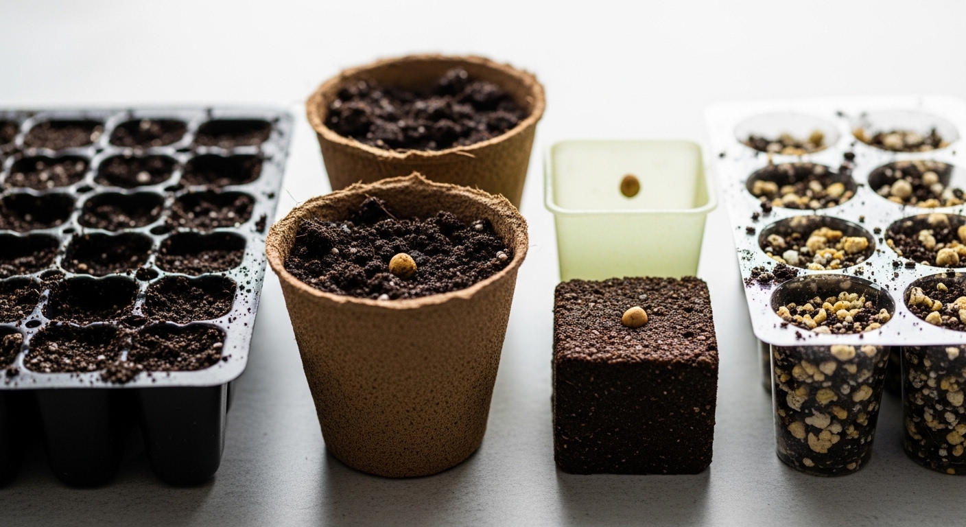 Four seed starting container types side by side showing different materials and sizes