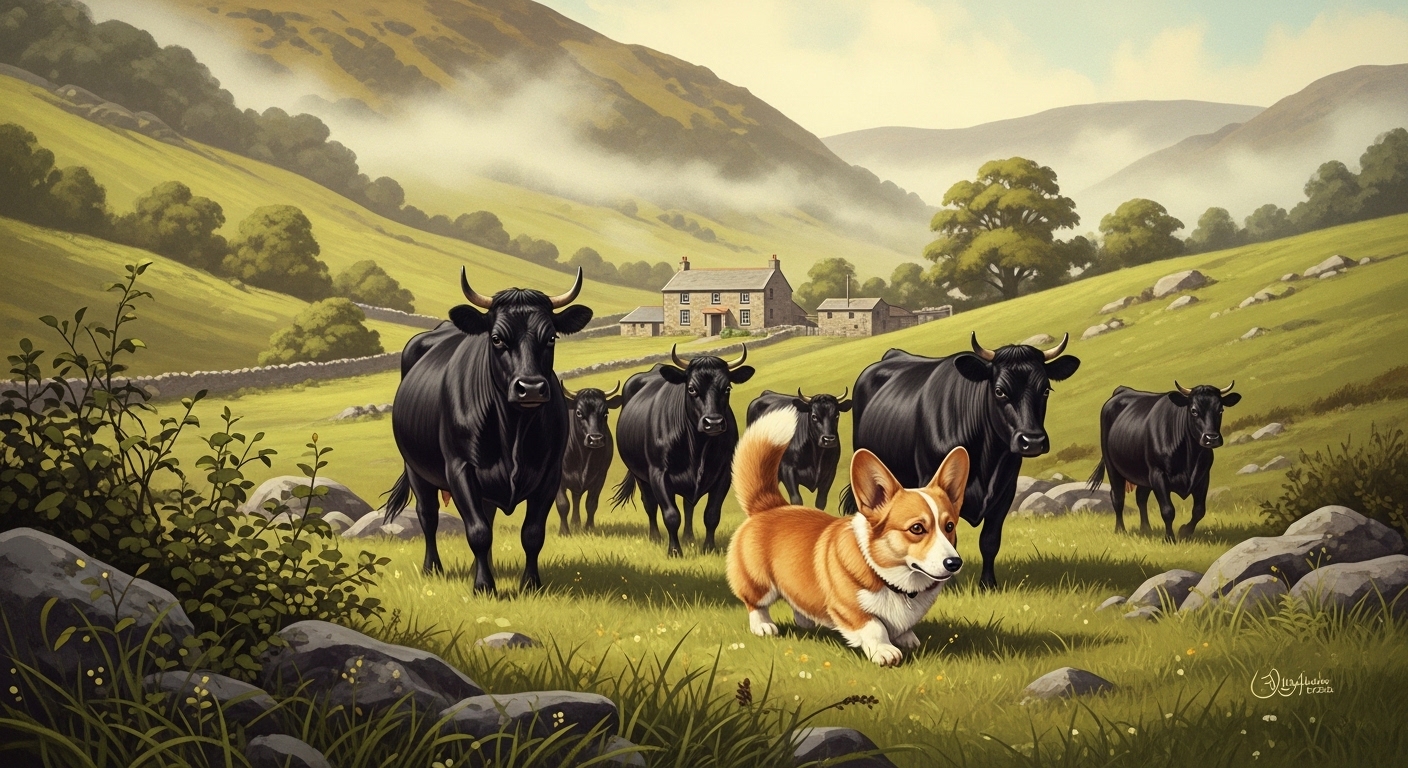 Corgi herding cattle on a traditional Welsh farm