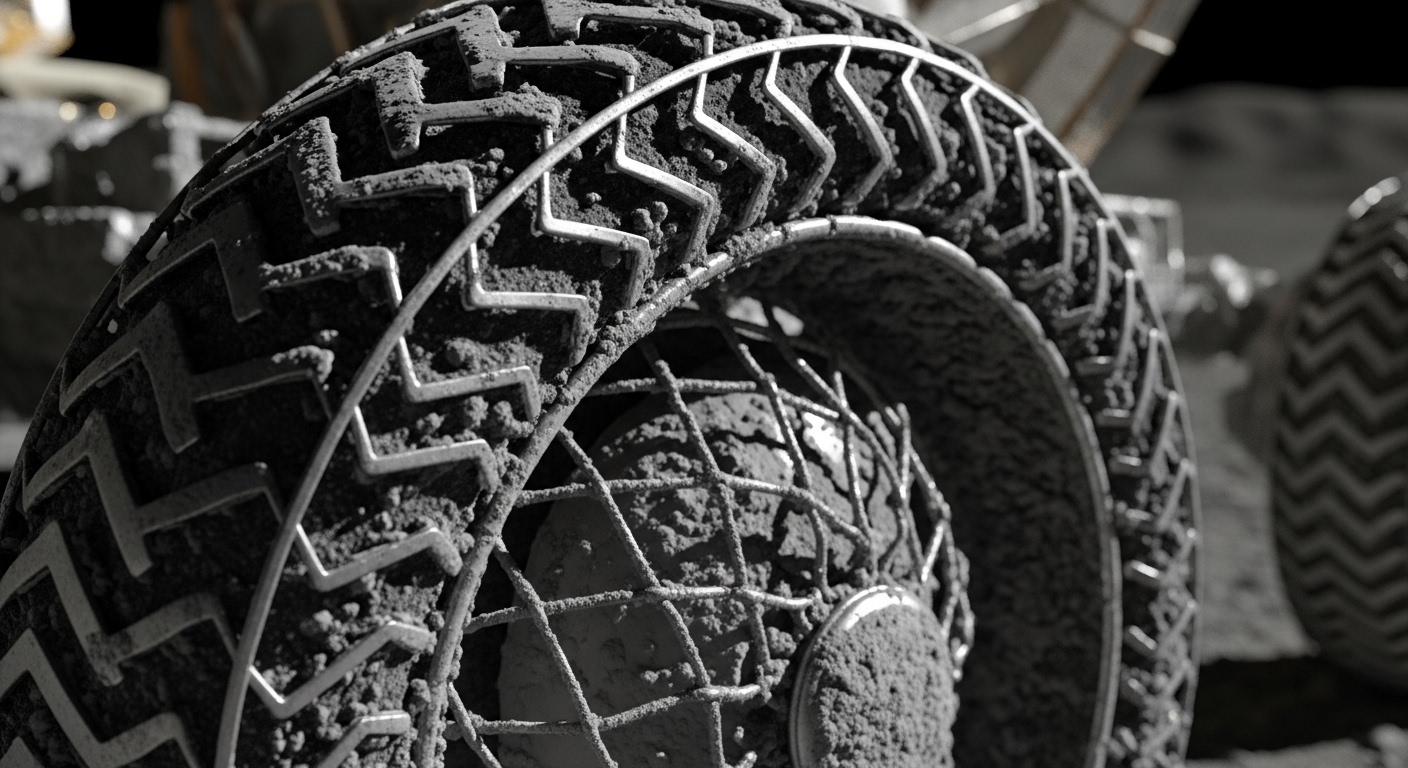 Close-up of lunar rover wire-mesh wheel with dust