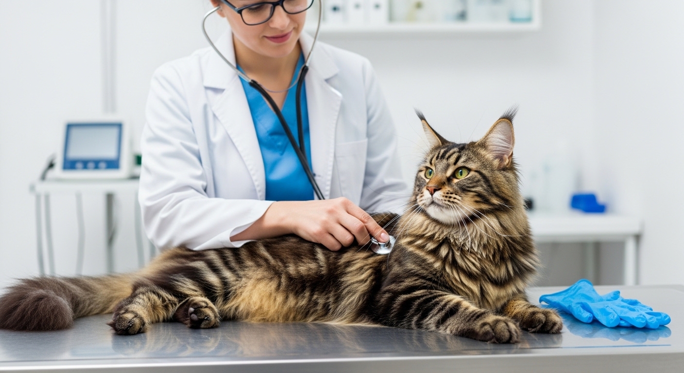 veterinarian examining calm Maine Coon cat on clinic table