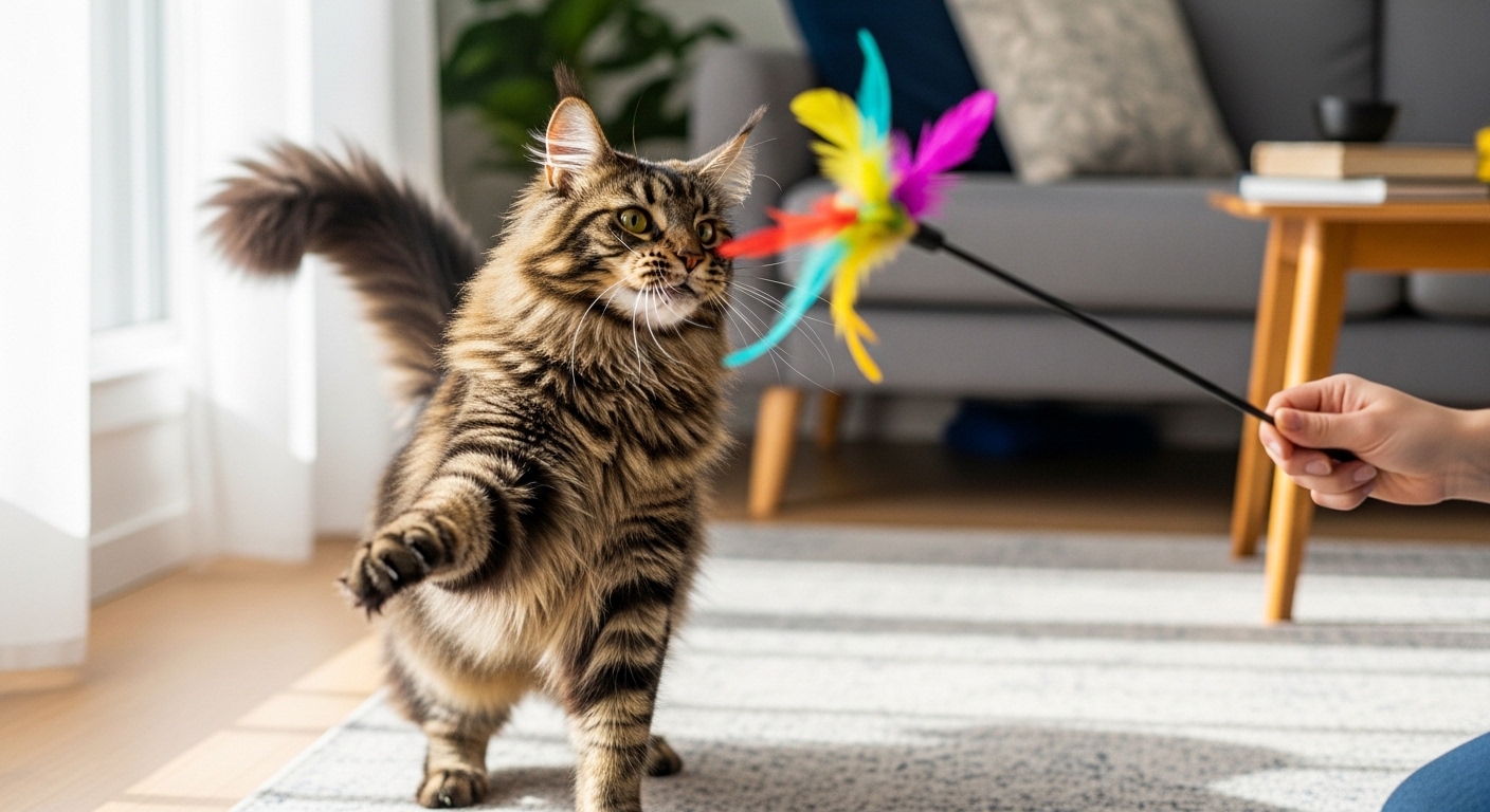 Maine Coon cat playing with feather wand toy indoors