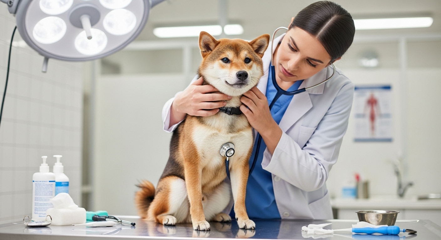 Shiba Inu calmly examined by veterinarian on clinic table