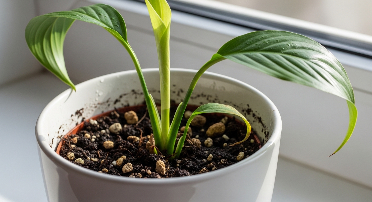 Recently divided peace lily in white ceramic pot with new leaf emerging