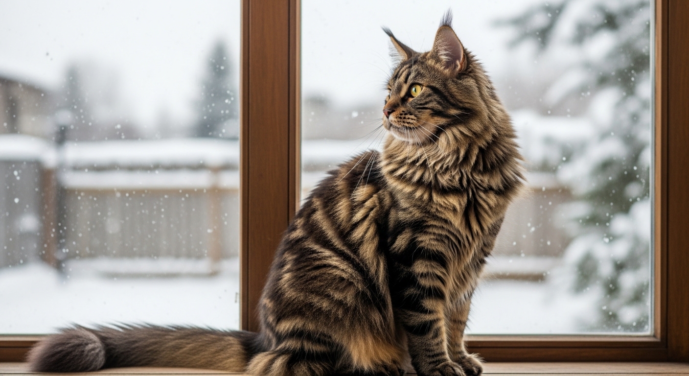 large Maine Coon cat sitting on windowsill looking outside