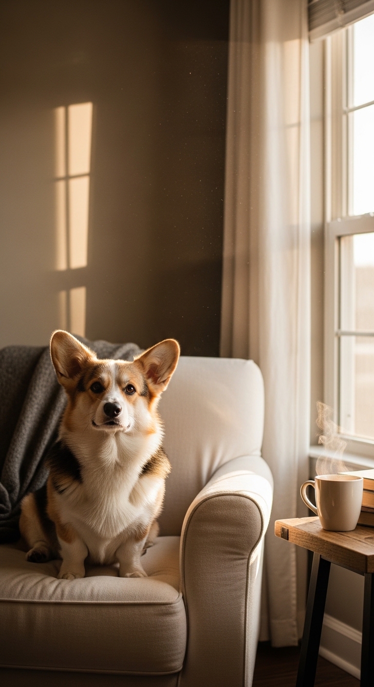 Pembroke Welsh Corgi sitting contentedly on armchair in afternoon sunlight
