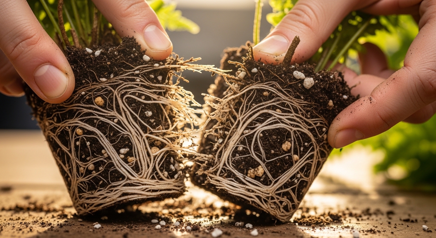 Hands separating Boston fern root ball into two distinct clumps