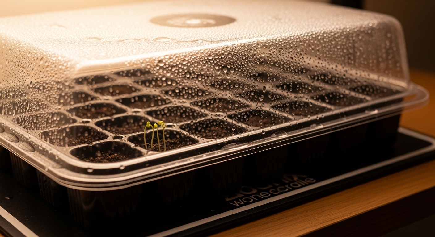 Seed tray under humidity dome on heat mat with condensation and emerging sprouts