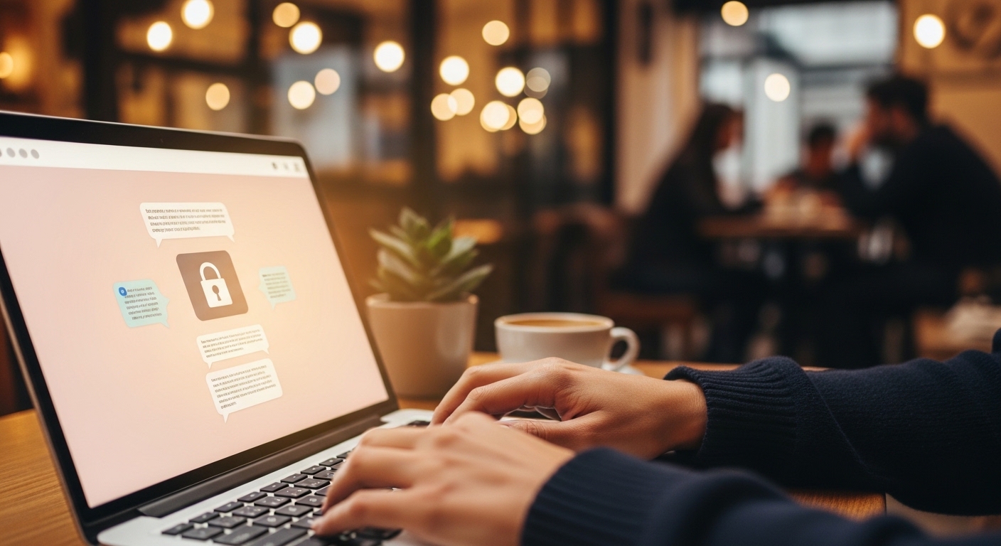Person using encrypted messaging app in café