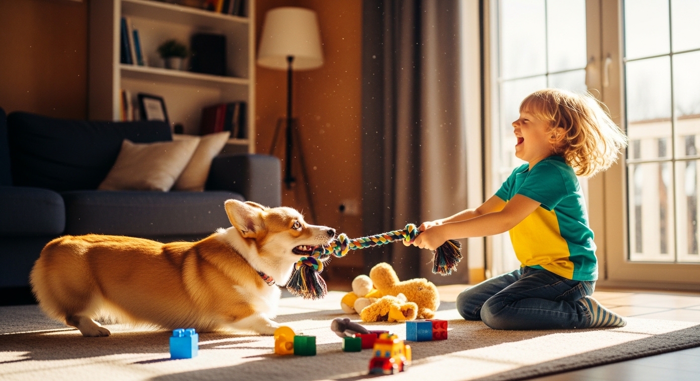 Pembroke Welsh Corgi playing tug-of-war with a child indoors