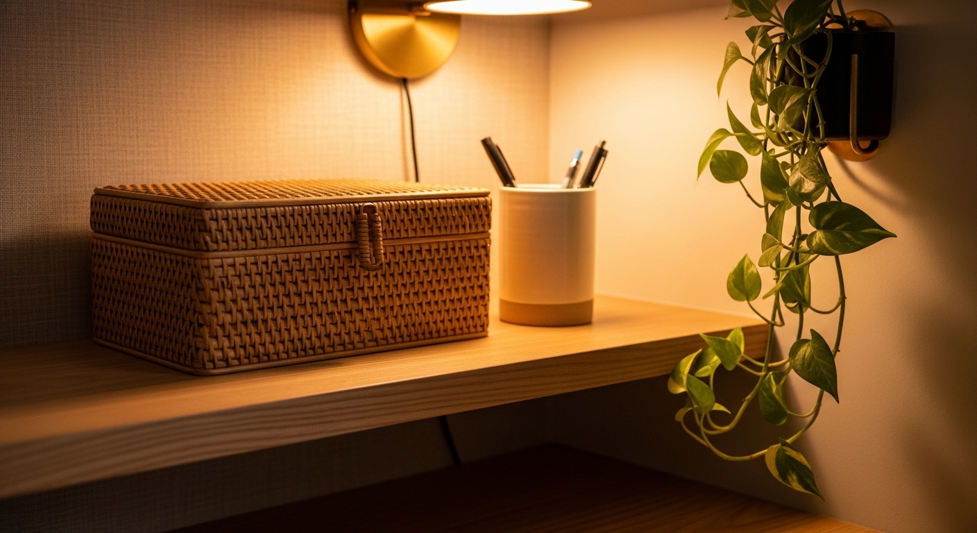Close-up of rattan storage and ceramic pen holder on desk shelf