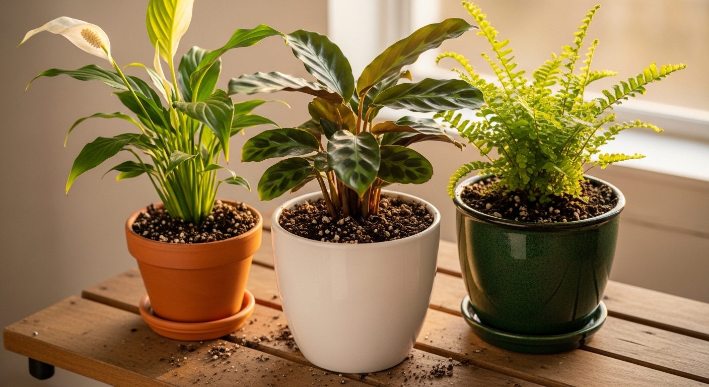 Three freshly divided and potted houseplants on a wooden potting bench