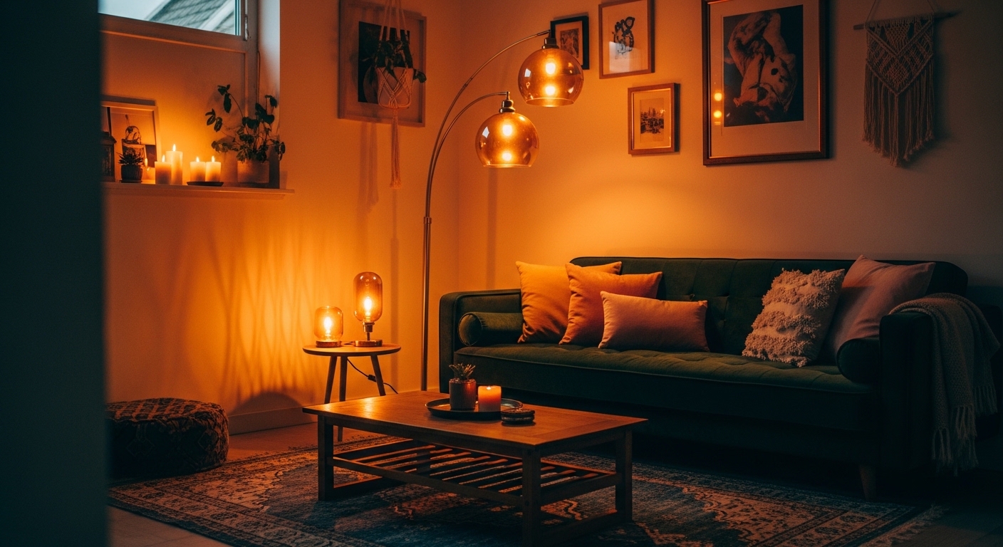 Eclectic living room at dusk with layered amber lamp lighting and velvet sofa