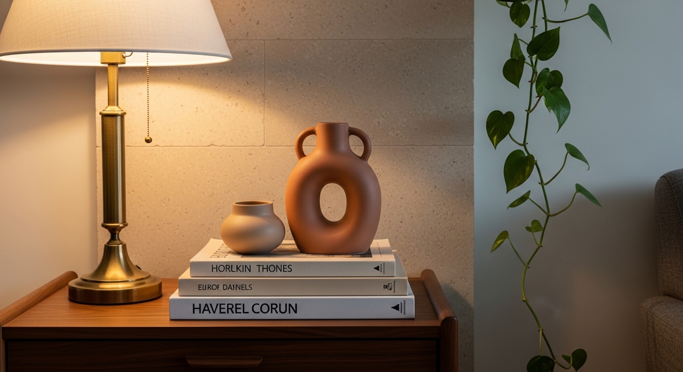 Styled eclectic corner with mid-century table, ceramic vase, and brass lamp