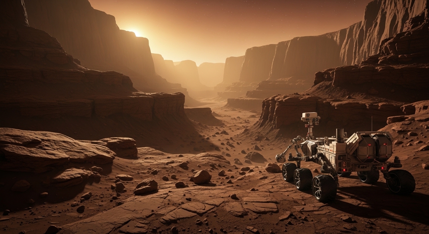 Nuclear-powered rover in shadowed Martian canyon