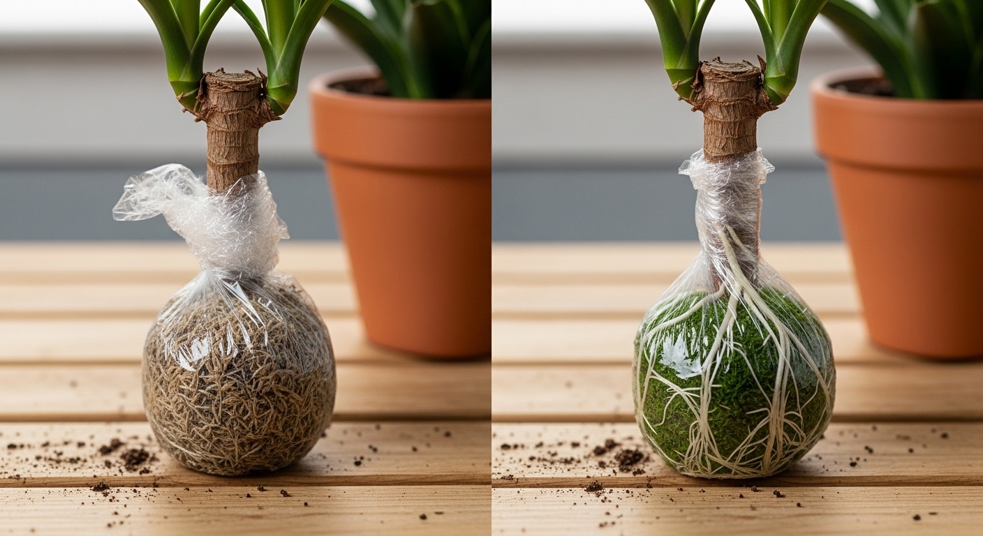Failed versus successful air layering wraps on dracaena stems