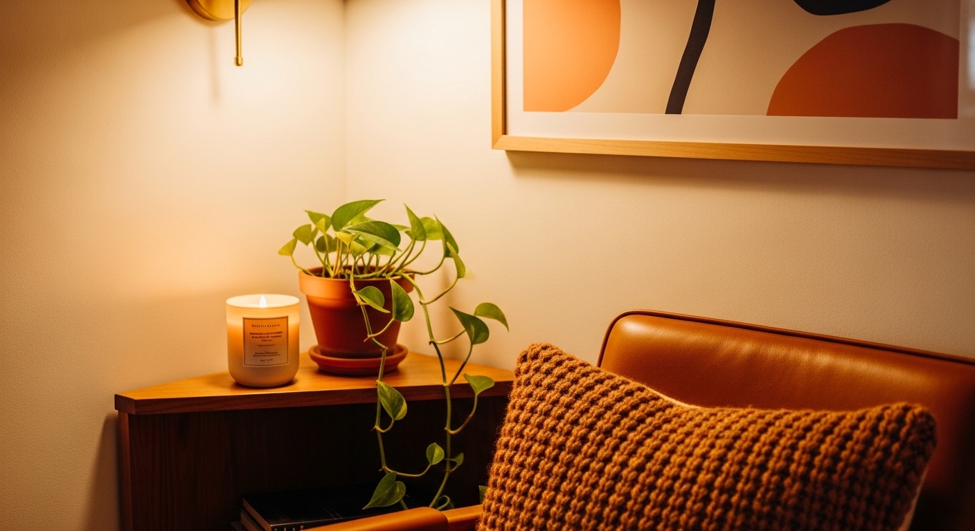 Cozy home office corner with leather chair, pothos plant, and brass sconce