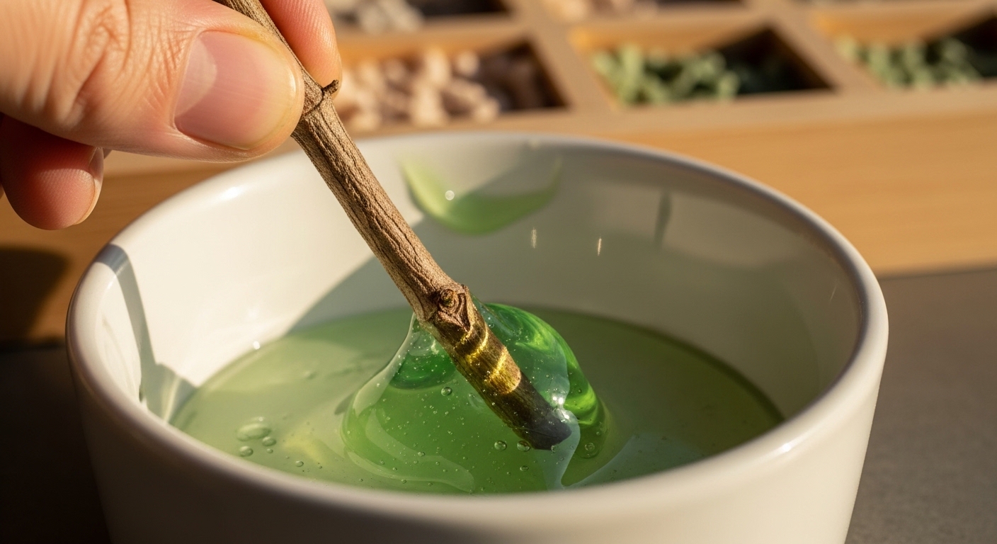 Rosemary cutting being dipped into rooting gel in ceramic dish