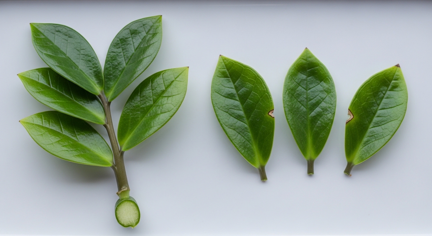 ZZ plant stem cutting and individual leaflets on white ceramic tray