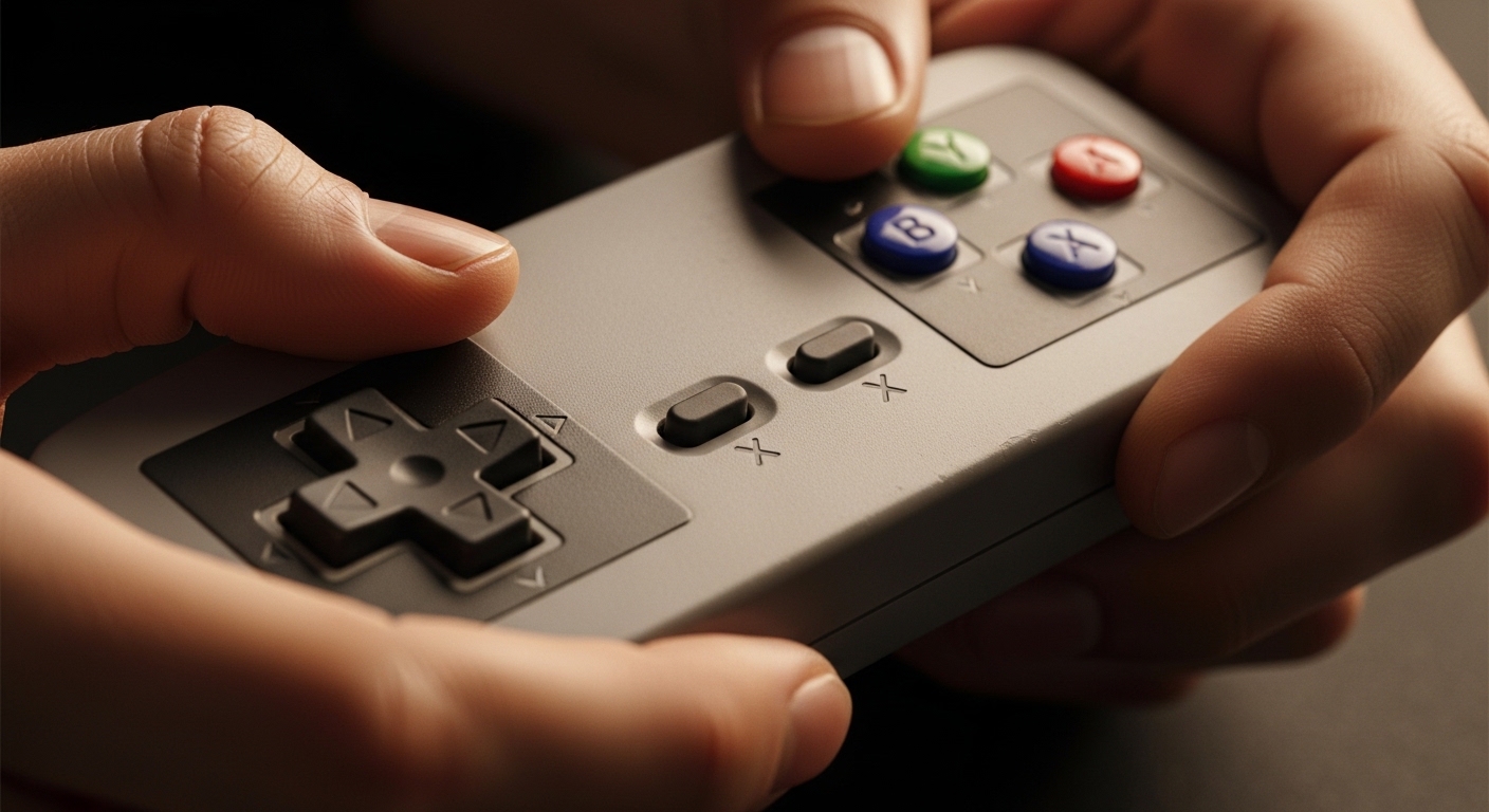 Hands holding worn retro game controller