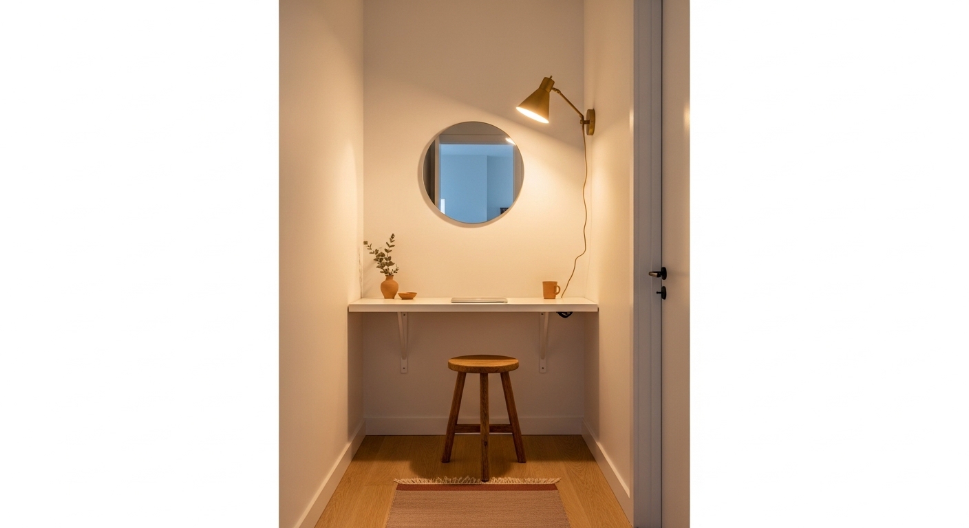 Narrow apartment hallway with slim floating desk home office setup