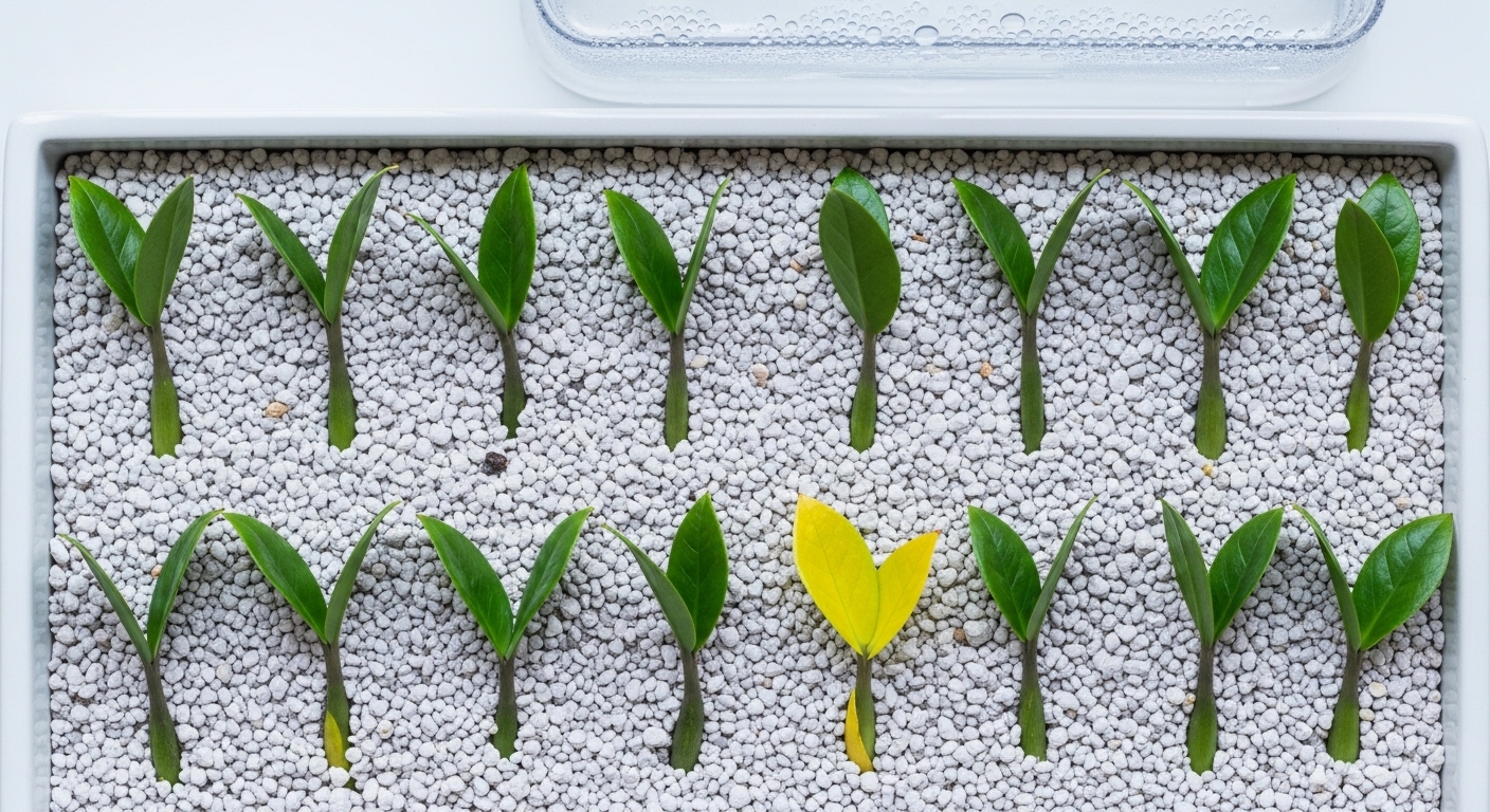 ZZ plant leaflets propagating in perlite tray under humidity dome