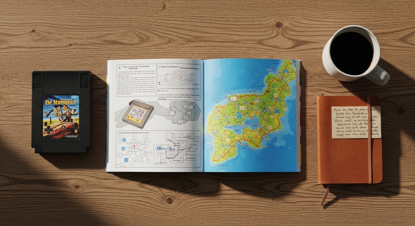 Retro game cartridge and booklet flat lay overhead