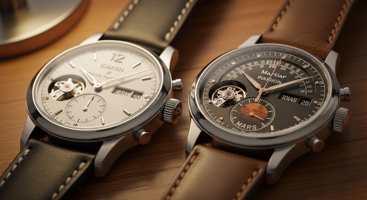 Two watches showing Earth time and Mars time side by side