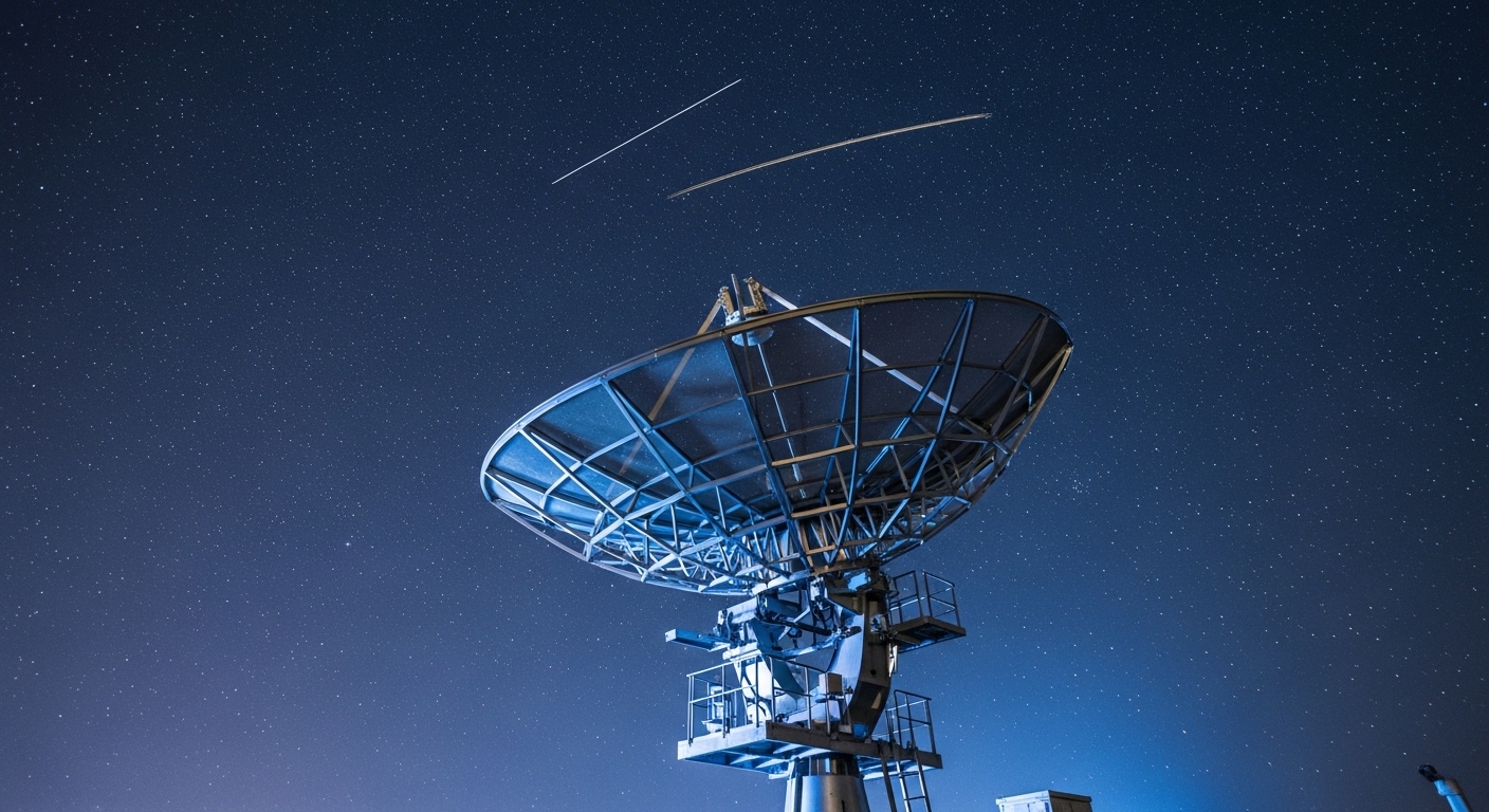 Satellite dish pointing at night sky with satellite pass