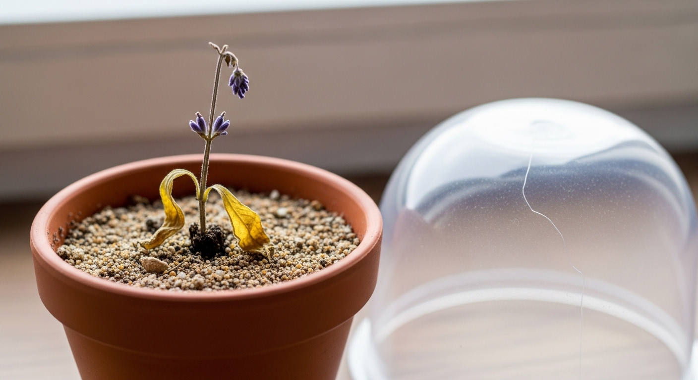 Struggling Lavender cutting in terracotta pot with humidity dome