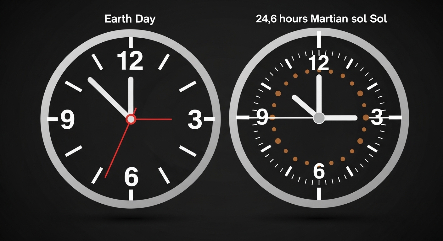 Diagram comparing Earth 24-hour clock with Mars 24.6-hour sol