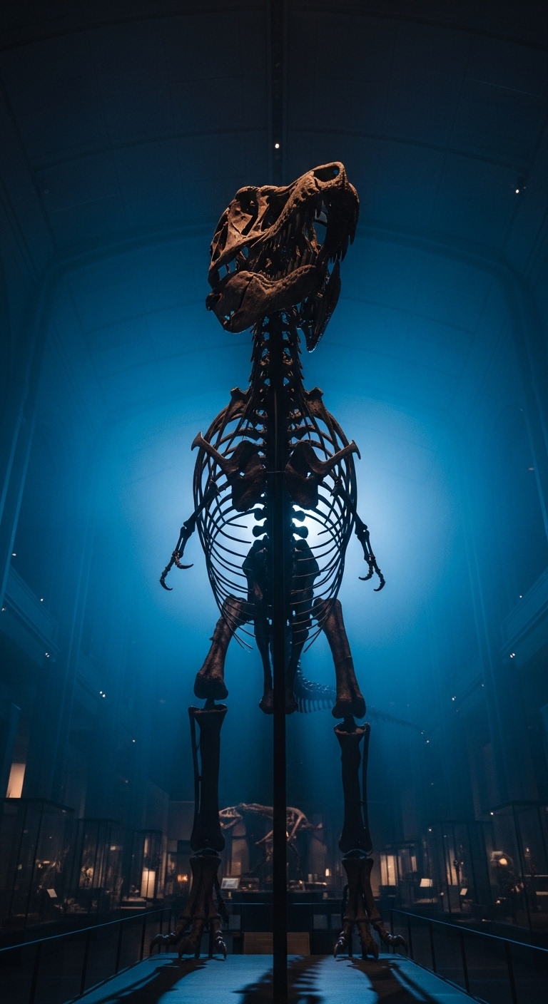 T. rex skeleton silhouette in dramatic museum lighting