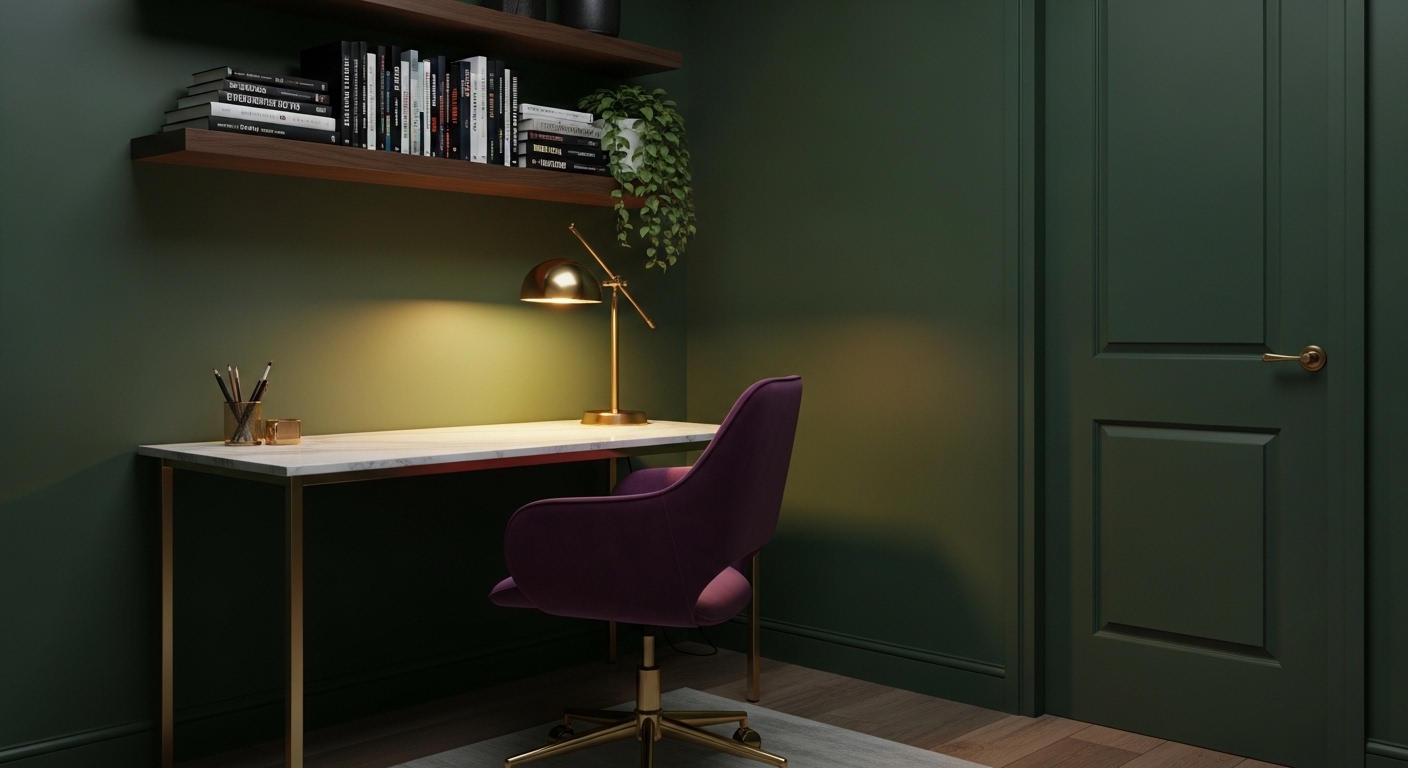Dark green moody home office with brass lamp and velvet chair