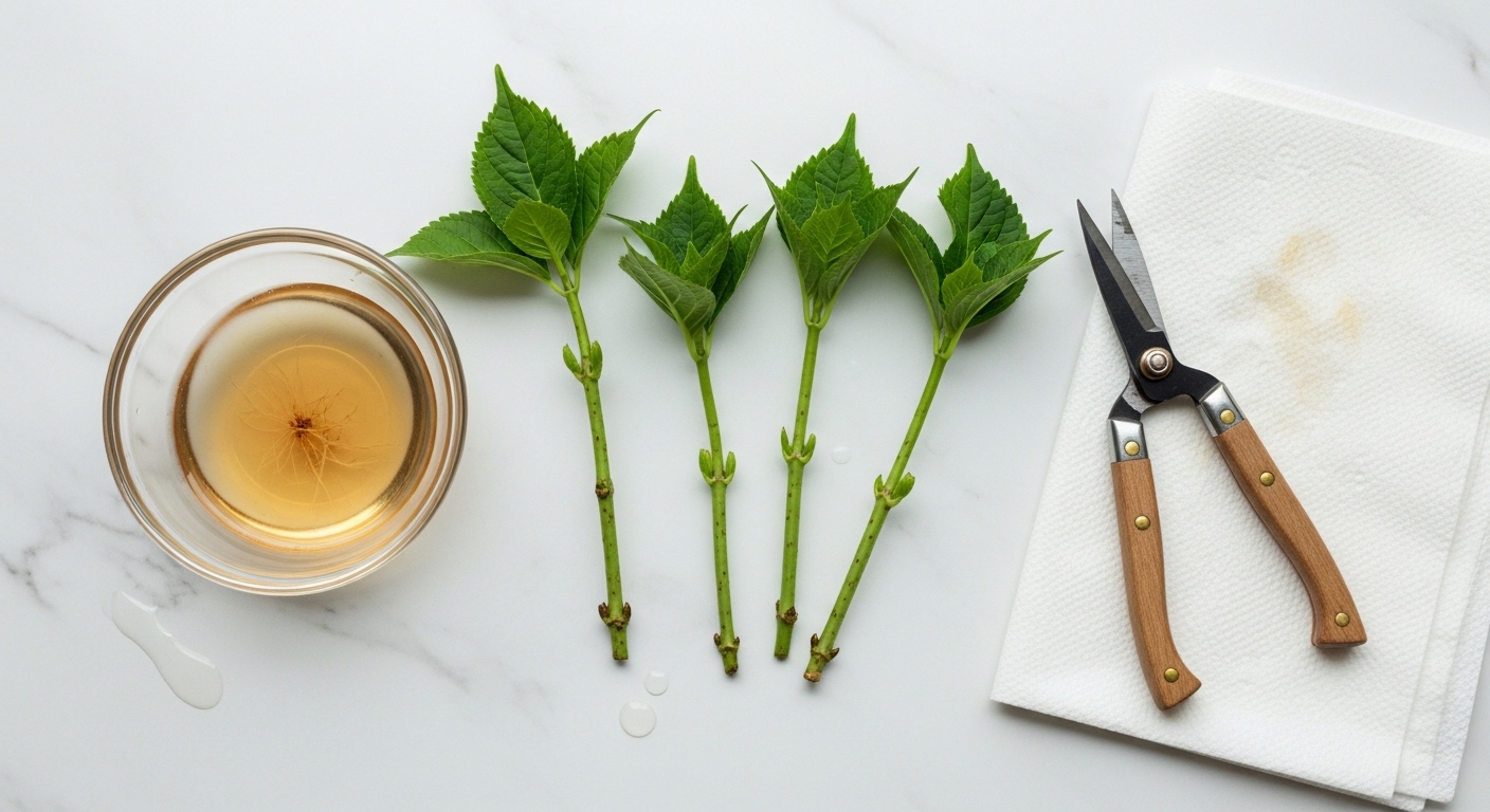 Hydrangea cuttings and liquid rooting solution flat lay on marble