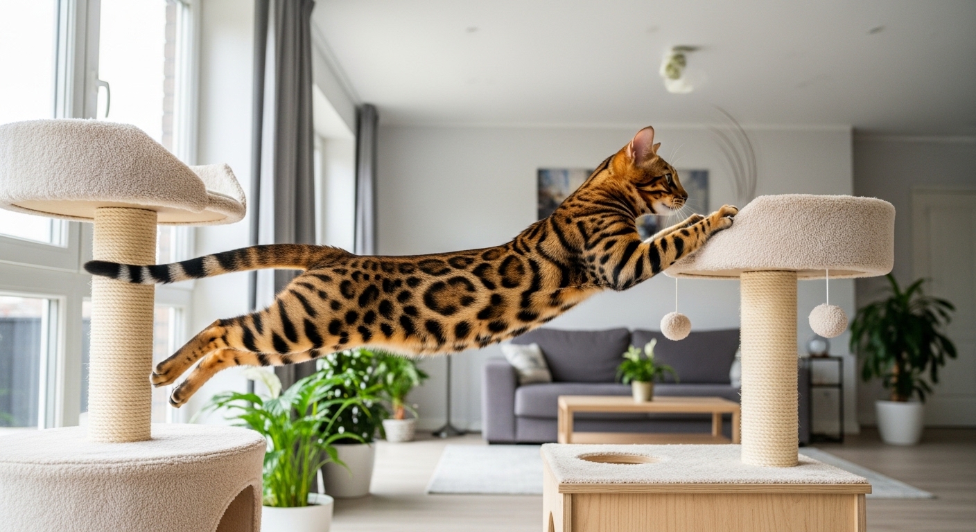 Bengal cat leaping between cat trees in bright living room
