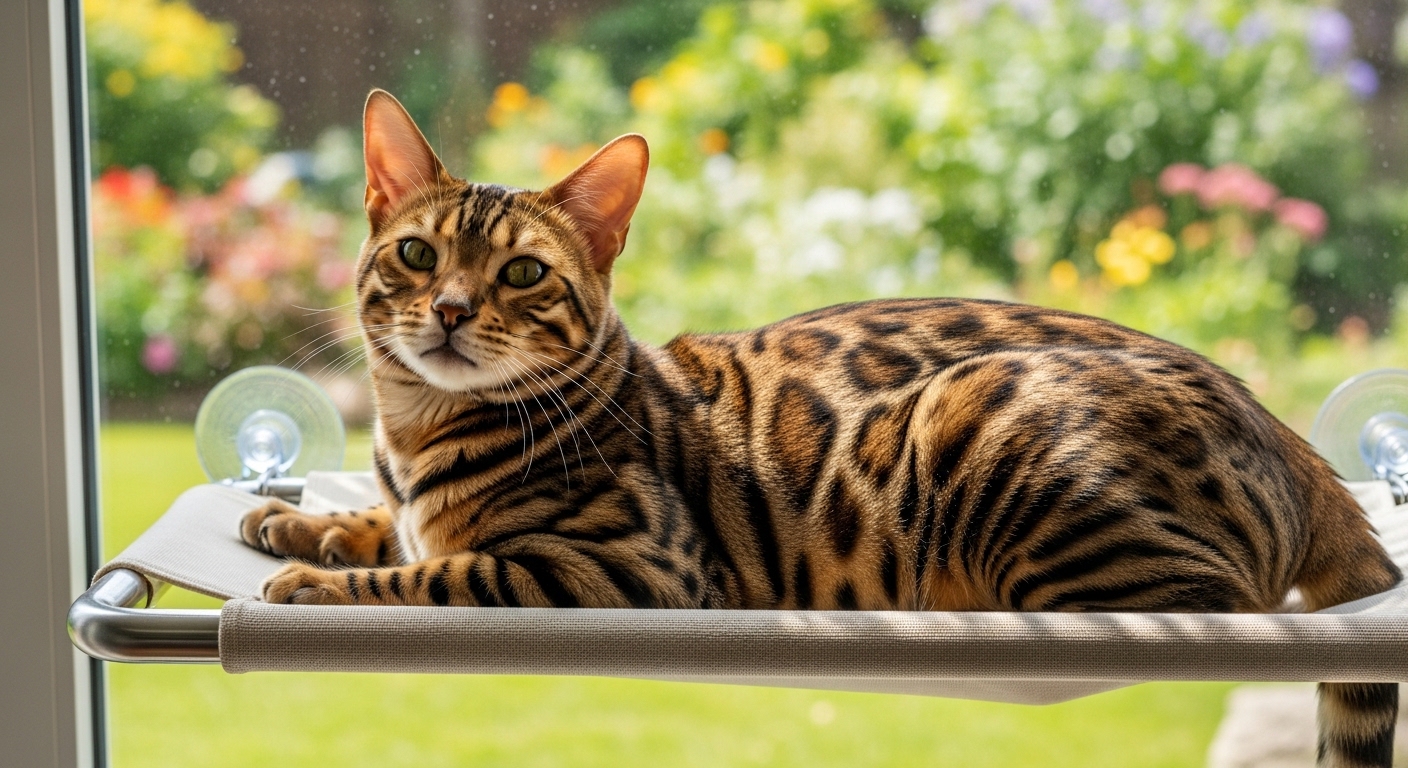 Bengal cat resting in window hammock watching garden outside