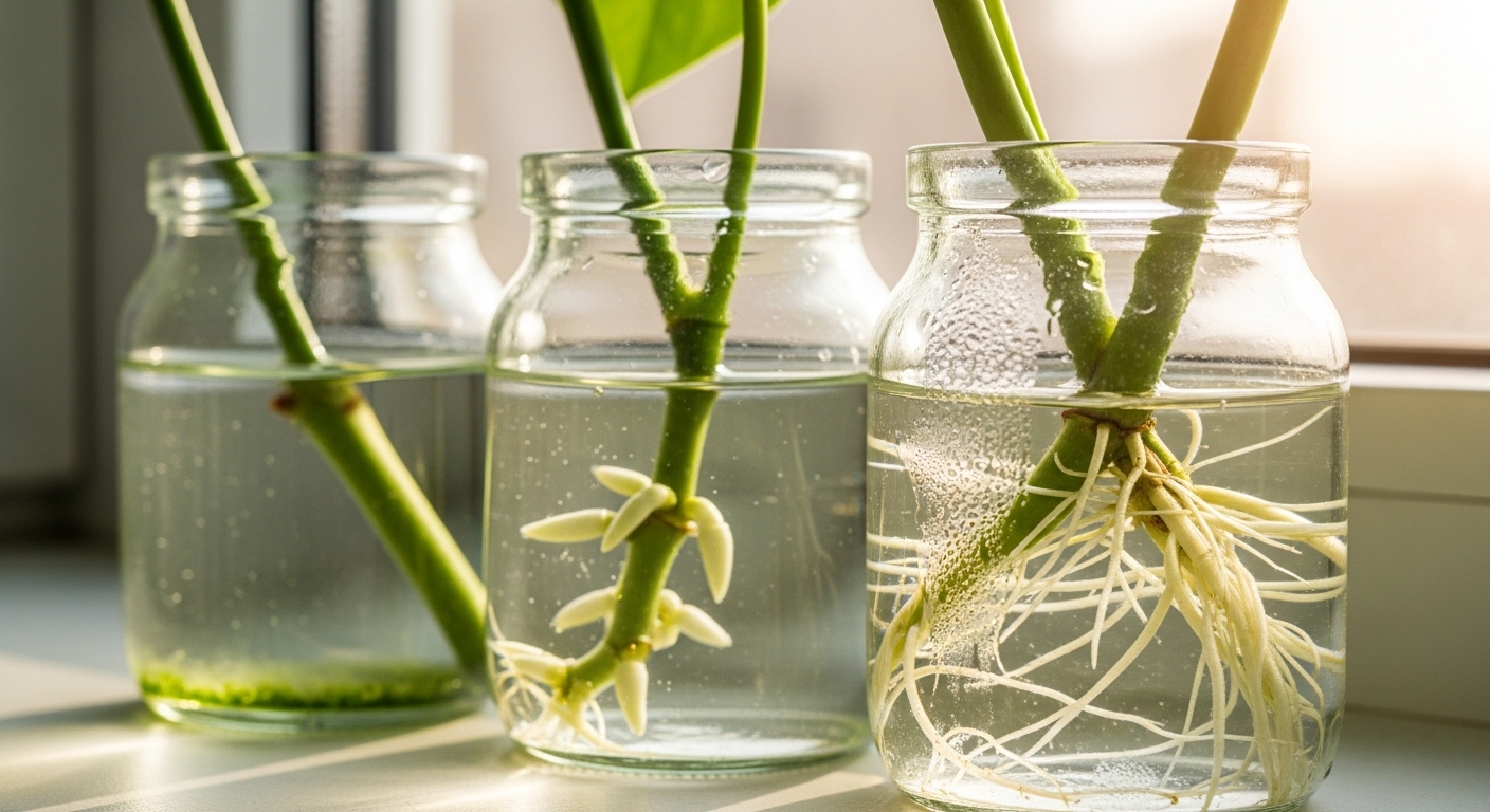 Three propagation jars showing different rooting stages on windowsill