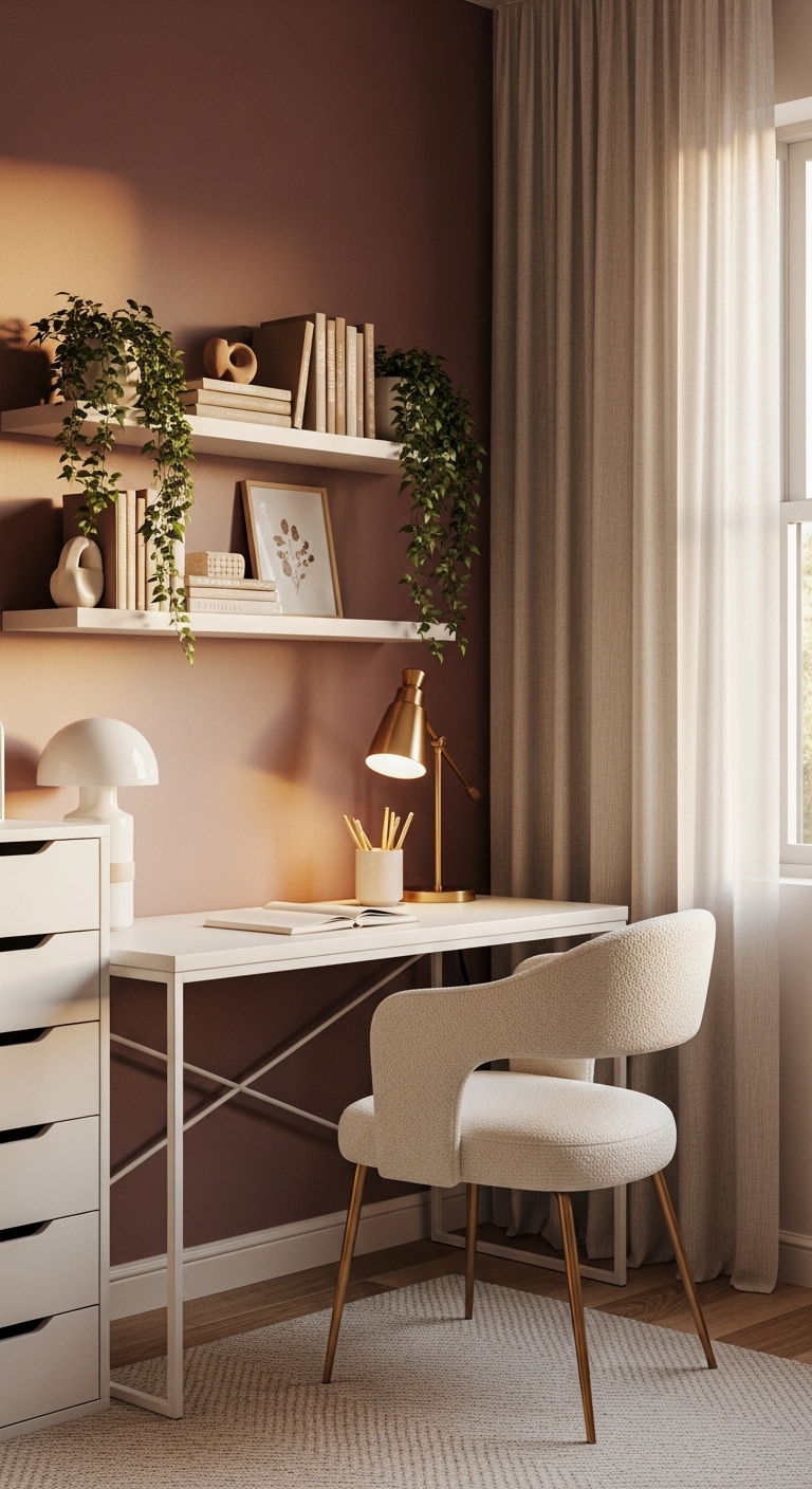 Vertical styled feminine home office with mauve wall and brass lamp