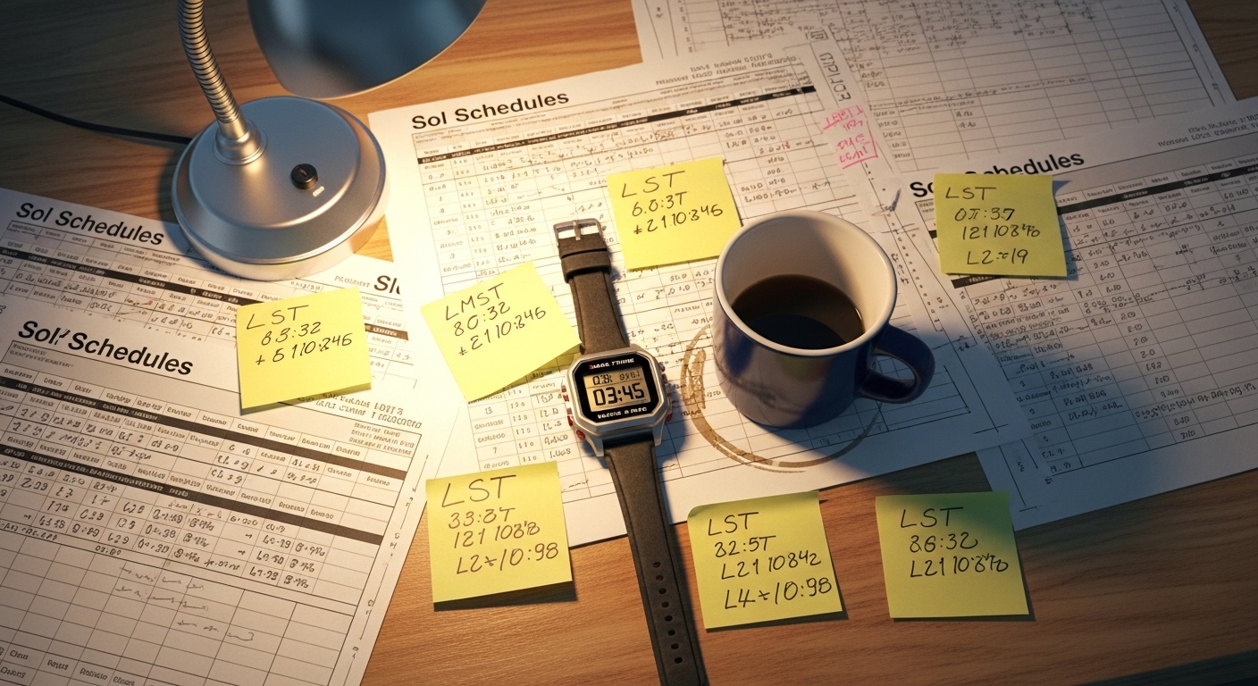 Overhead view of Mars mission planning desk with custom watch and schedules